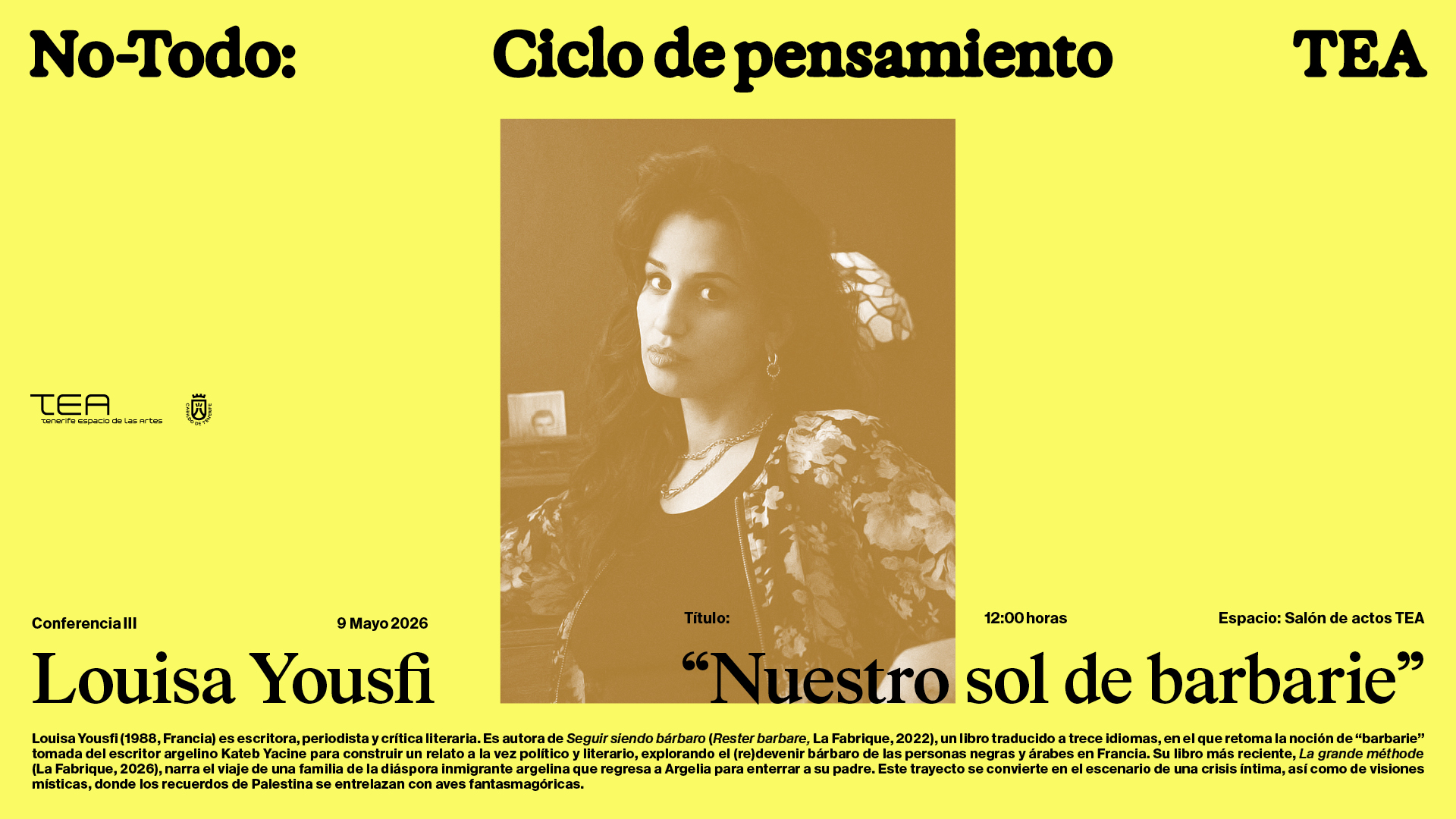 La escritora Louisa Yousfi imparte en el museo TEA la conferencia ‘Nuestro sol de barbarie’
