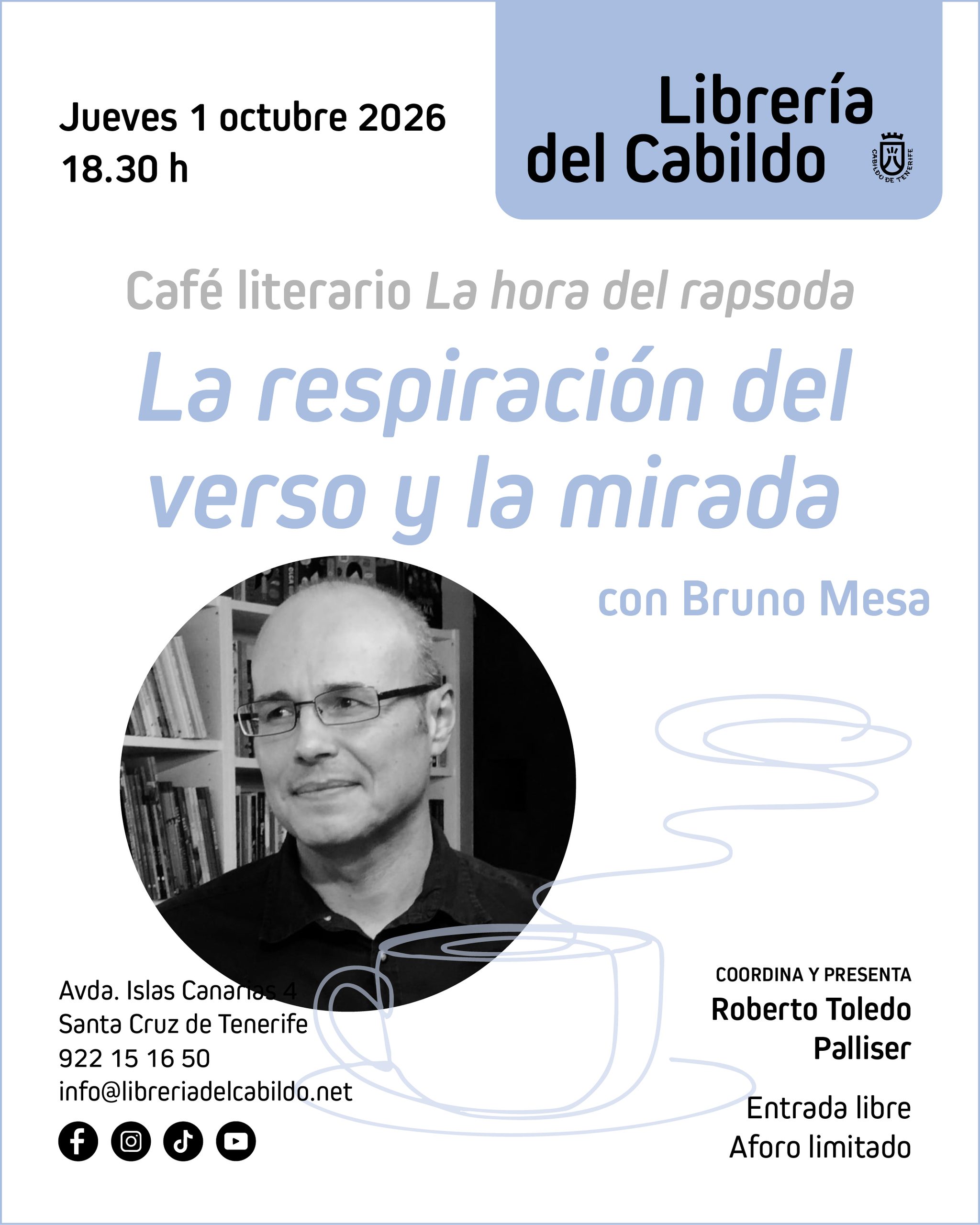 La Librería del Cabildo recibe a Bruno Mesa en una nueva cita de ‘Café literario: la hora del rapsoda’